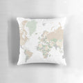 Detailed world map with cities printed on a green and gray pillow, perfect for modern home, nursery, or travel-themed decor.