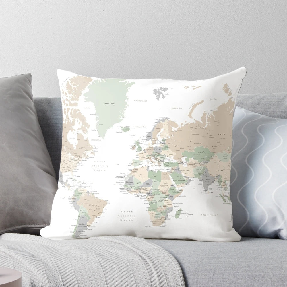 Detailed world map with cities printed on a green and gray pillow, perfect for modern home, nursery, or travel-themed decor.