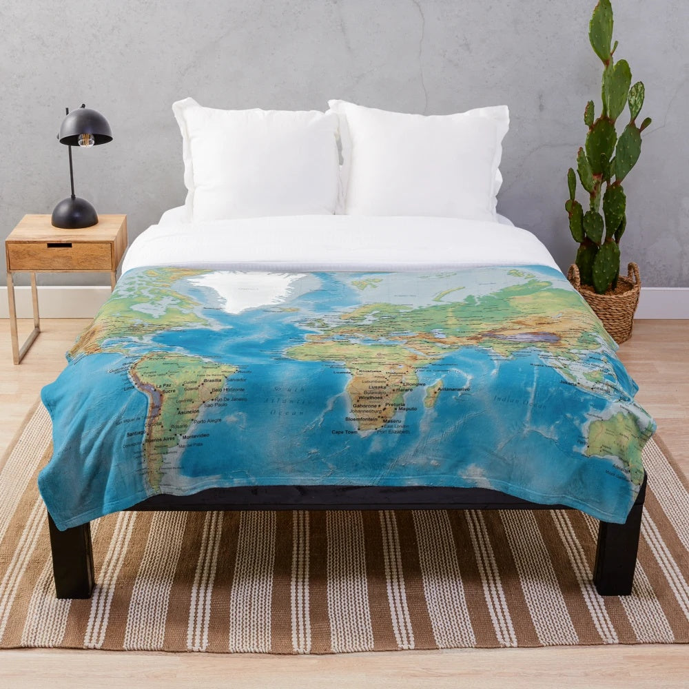 Detailed world map printed on a large, soft plush blanket for homeschooling and geography learning