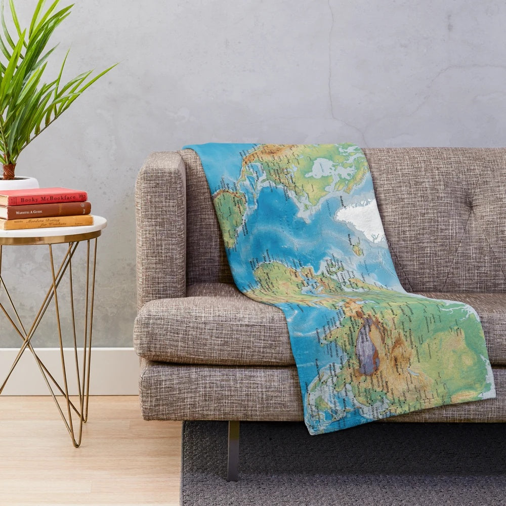 Detailed world map printed on a large, soft plush blanket for homeschooling and geography learning