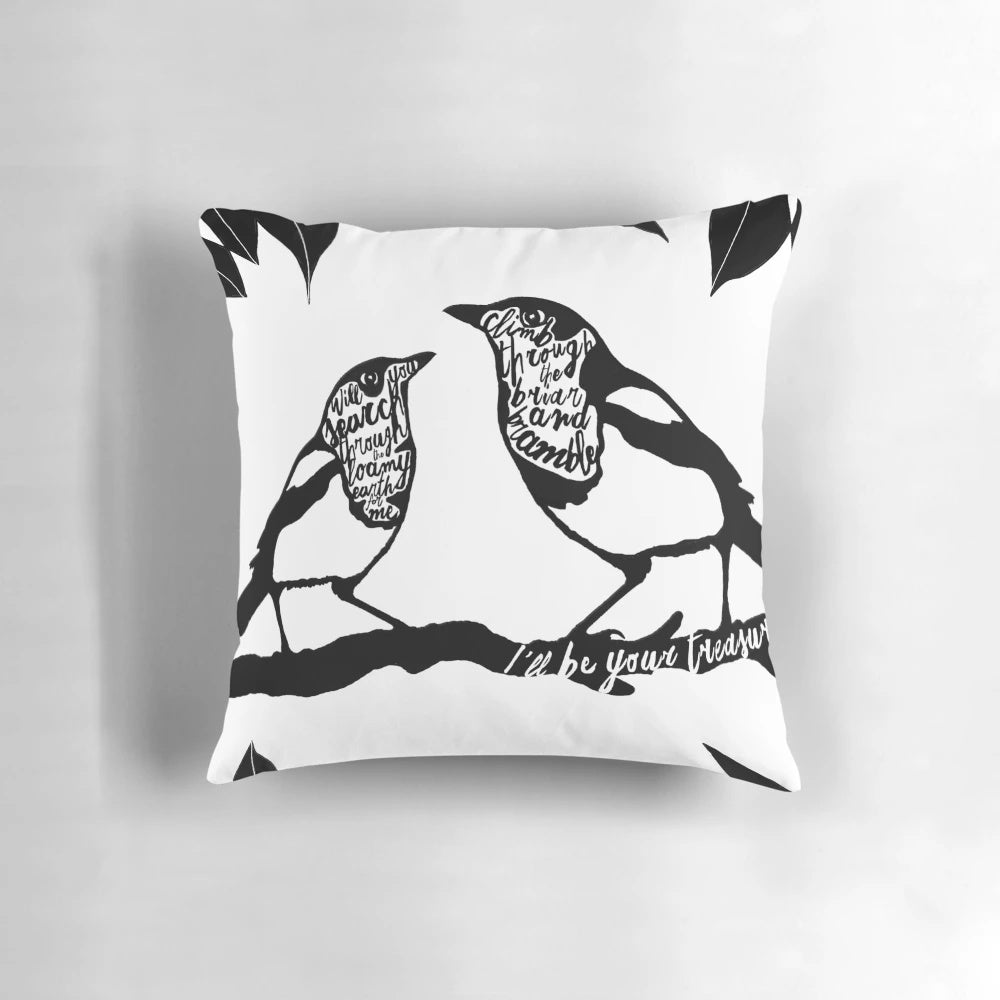 A black and white typography art print pillow featuring lyrics from the TV show Detectorists, designed with magpie imagery.