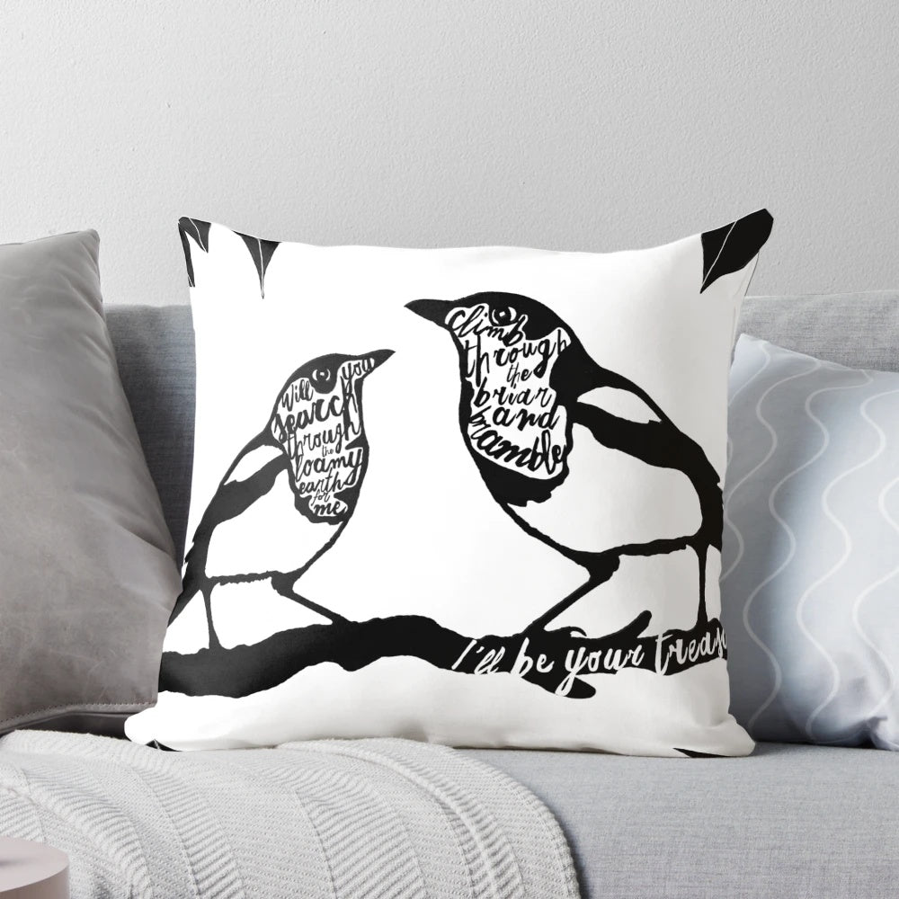 A black and white typography art print pillow featuring lyrics from the TV show Detectorists, designed with magpie imagery.