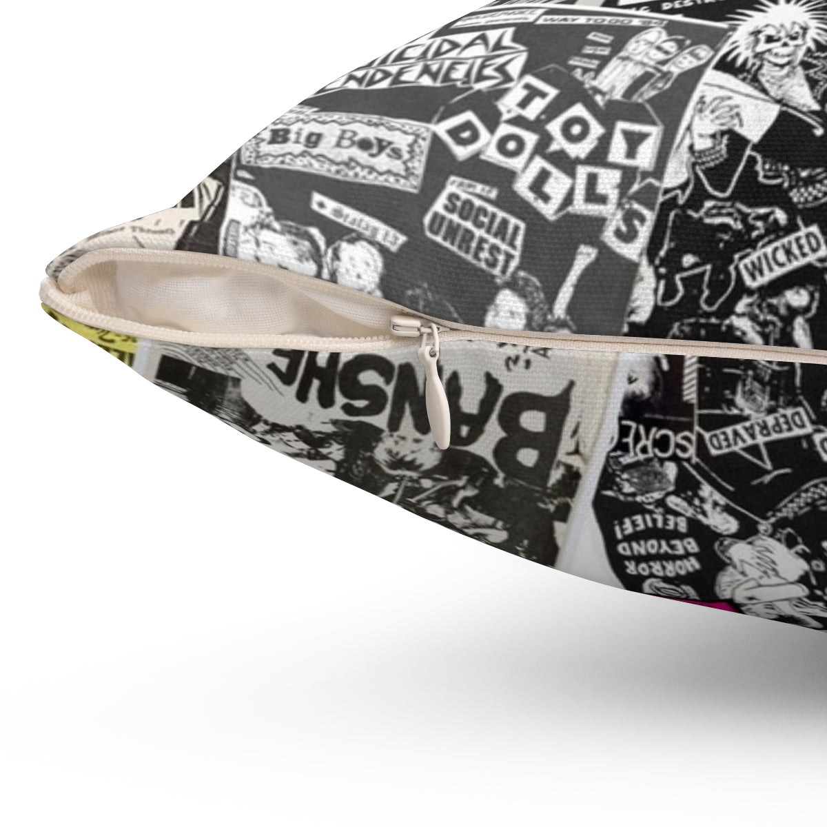 Vintage punk rock flyers collage printed on a soft, comfortable pillow. - Detail