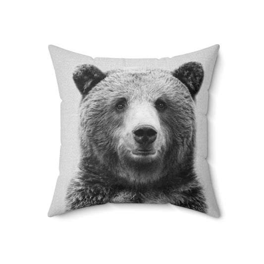 Monochrome portrait of a grizzly bear in a natural setting, perfect for a modern nursery or child's room.