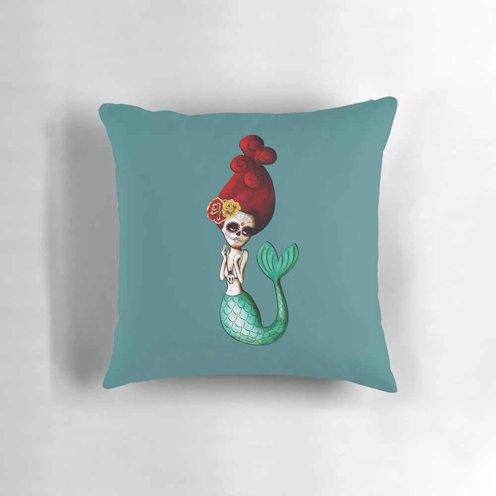 Dia de Los Muertos Mermaid Throw Pillow with Sugar Skull Design for Festive Mexican-Inspired Home Decor