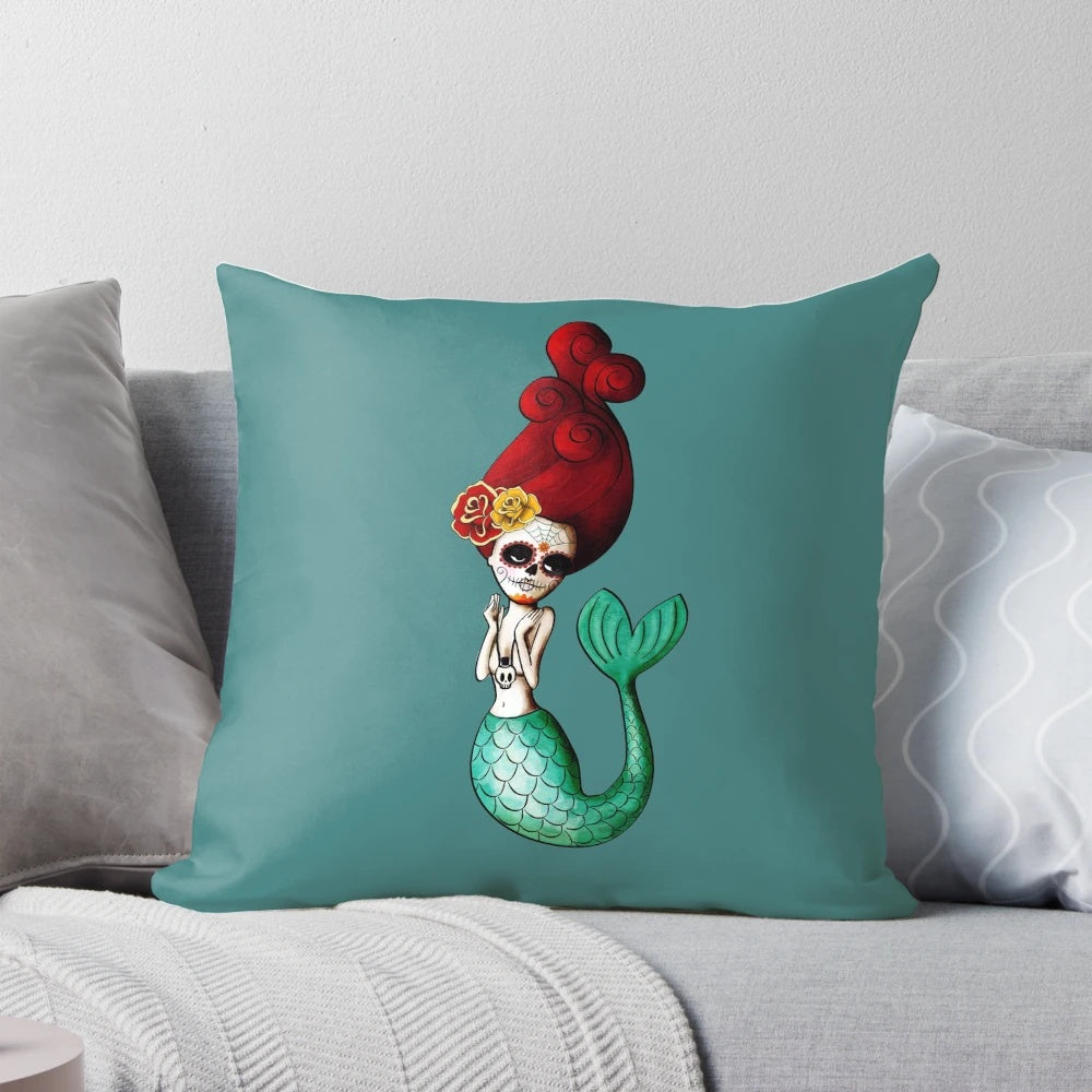 Dia de Los Muertos Mermaid Throw Pillow with Sugar Skull Design for Festive Mexican-Inspired Home Decor