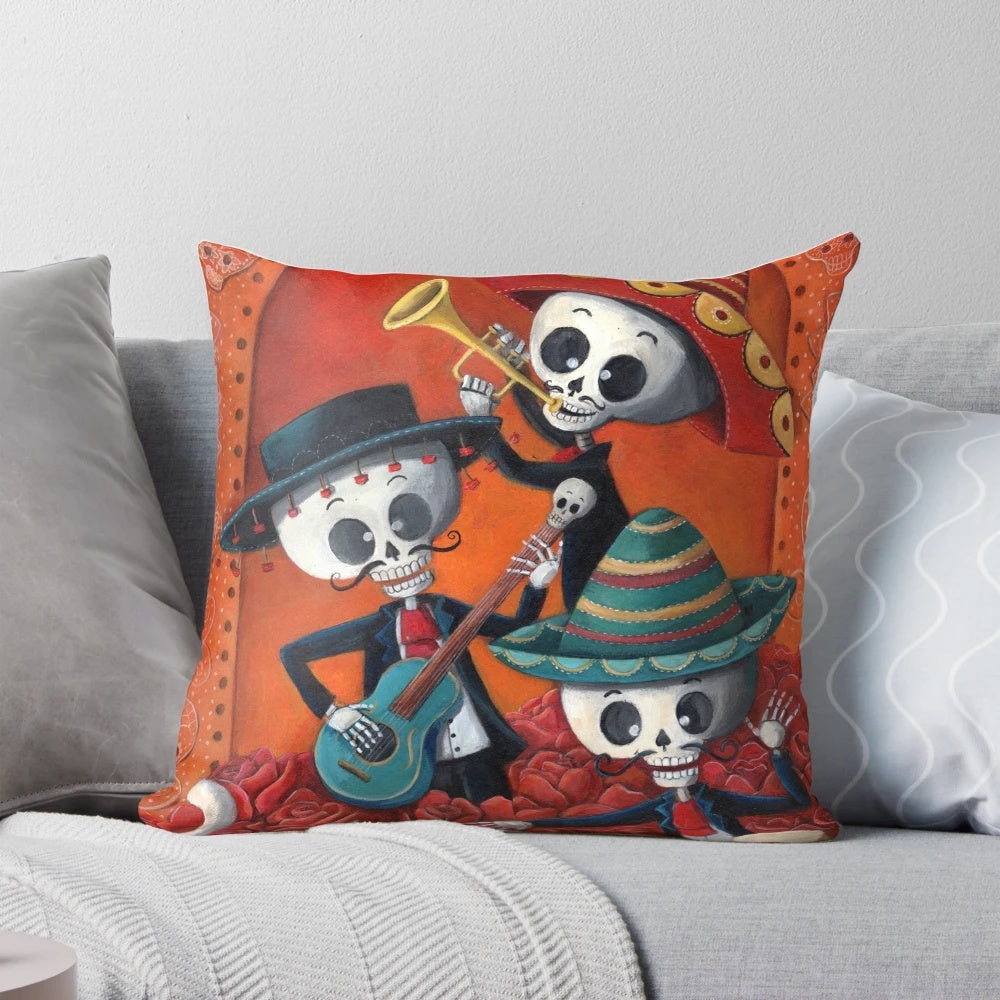 Dia de Los Muertos Skeleton Musician Pillow - Authentic Mexican Folklore Art