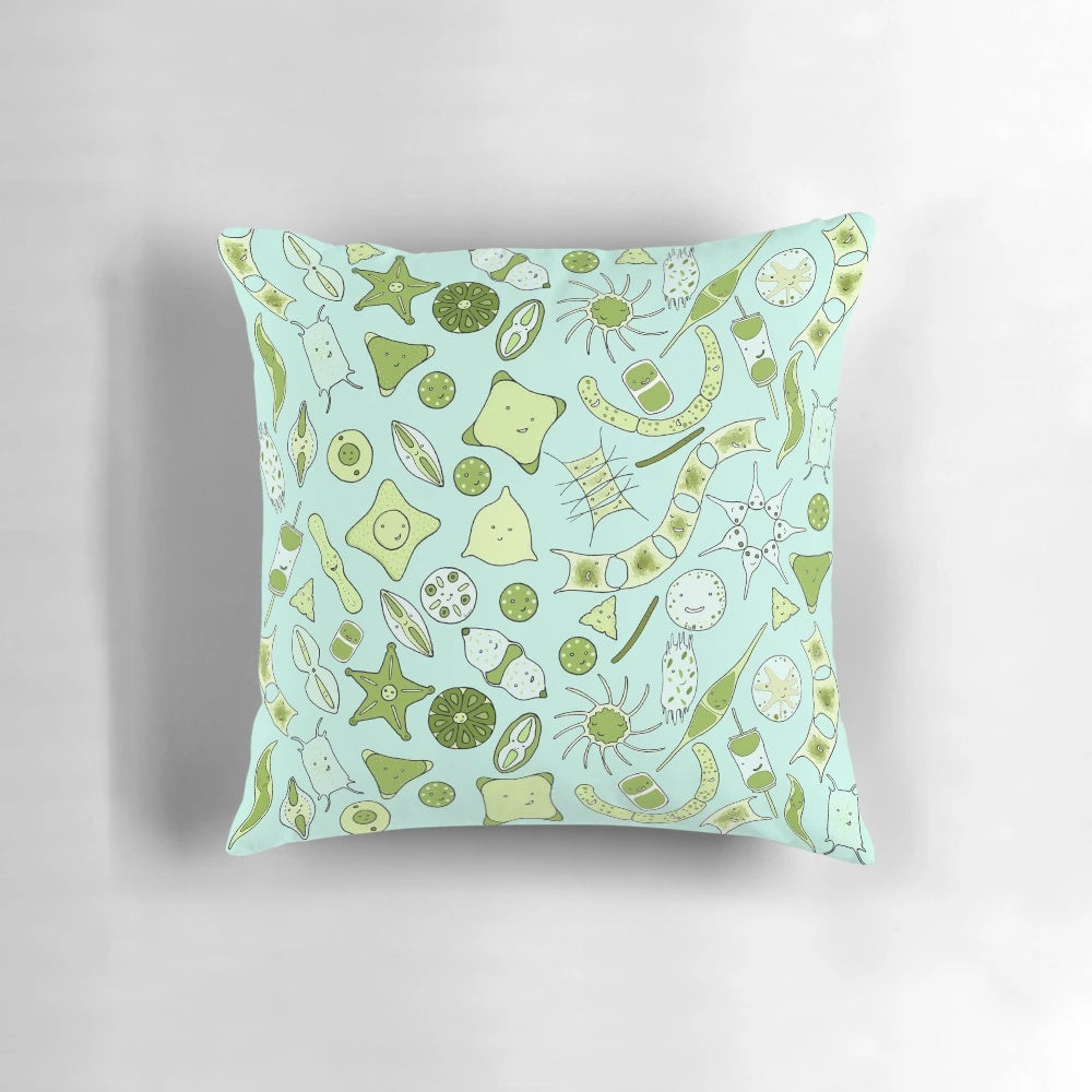A square pillow featuring a mesmerizing diatom design, perfect for nature and science enthusiasts.