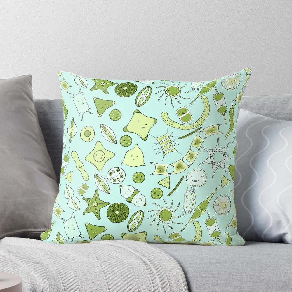 A square pillow featuring a mesmerizing diatom design, perfect for nature and science enthusiasts.