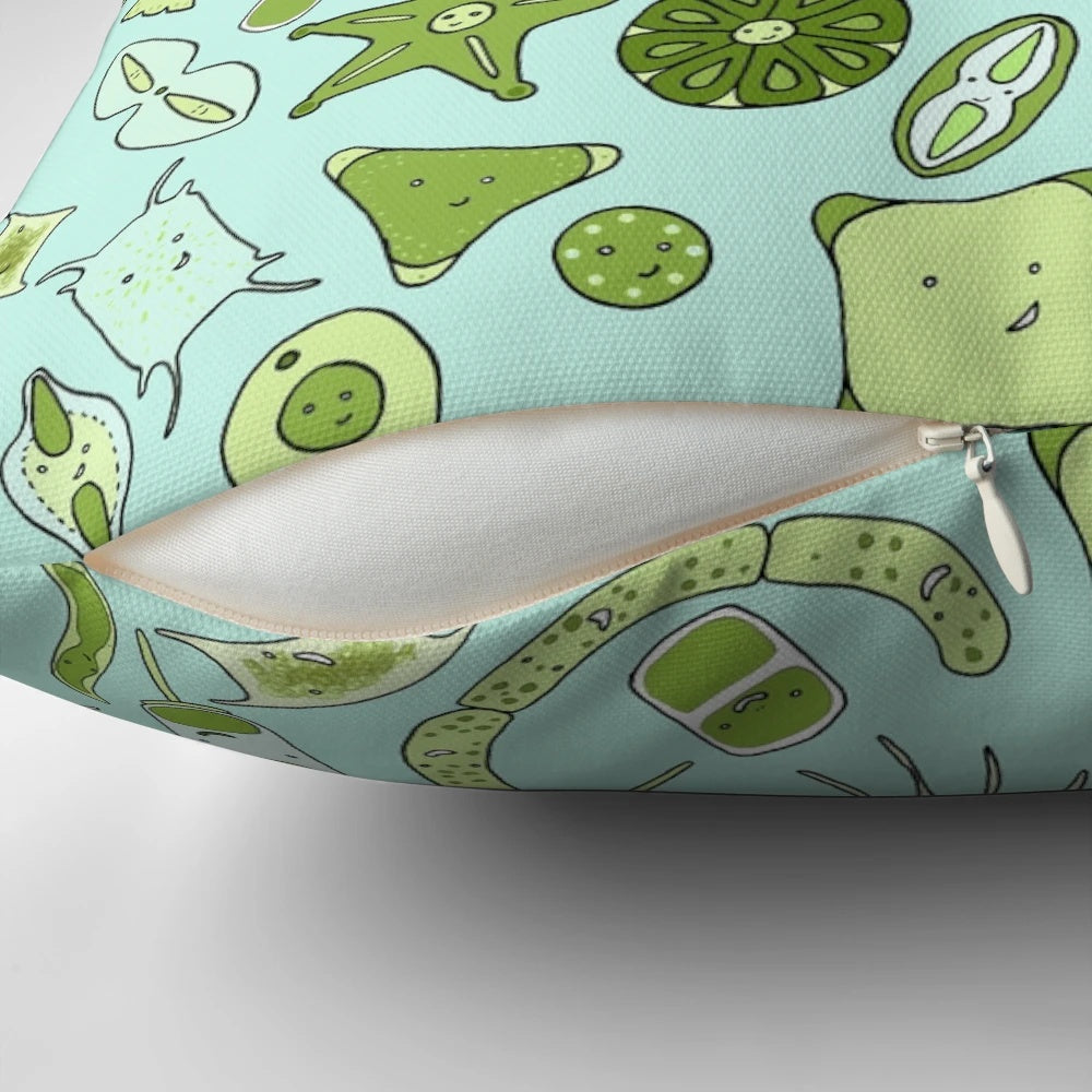 A square pillow featuring a mesmerizing diatom design, perfect for nature and science enthusiasts.