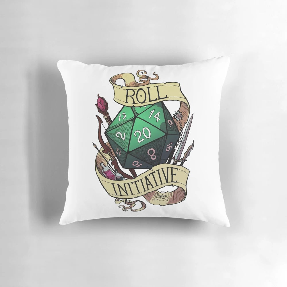A decorative pillow featuring a 20-sided die and the phrase "Roll Initiative", perfect for fans of Dungeons and Dragons and other tabletop role-playing games.