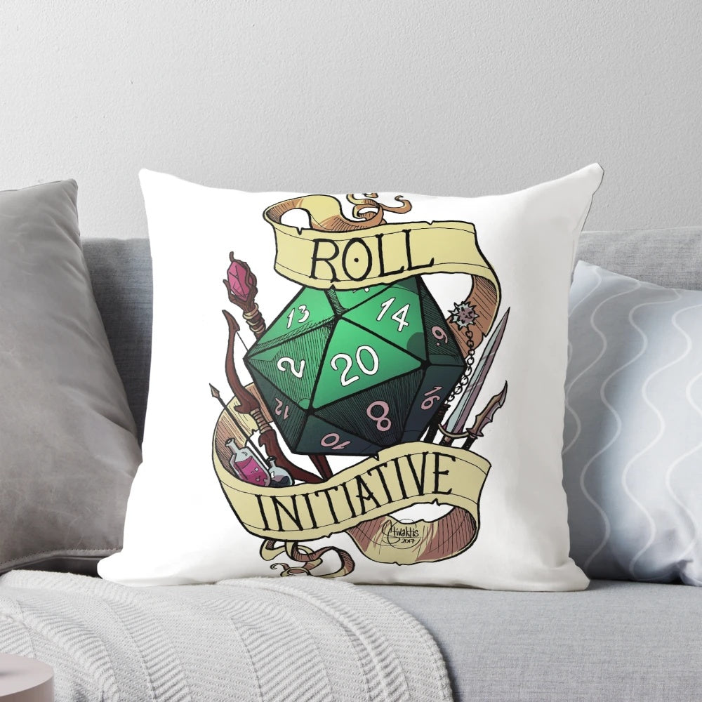 A decorative pillow featuring a 20-sided die and the phrase "Roll Initiative", perfect for fans of Dungeons and Dragons and other tabletop role-playing games.