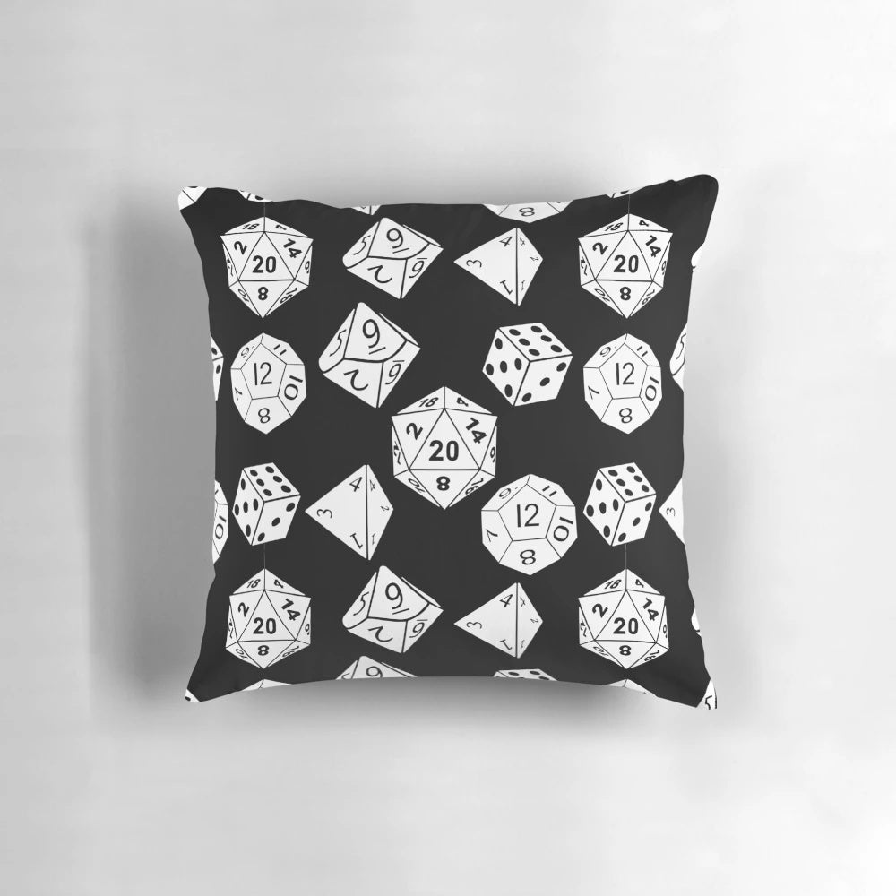 Decorative white square pillow with a dice pattern design, perfect for tabletop gaming enthusiasts.