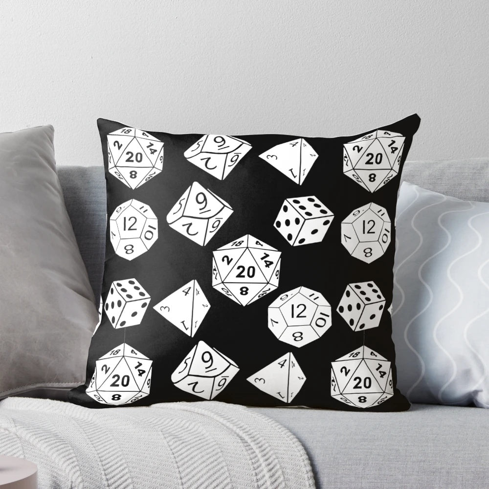 Decorative white square pillow with a dice pattern design, perfect for tabletop gaming enthusiasts.