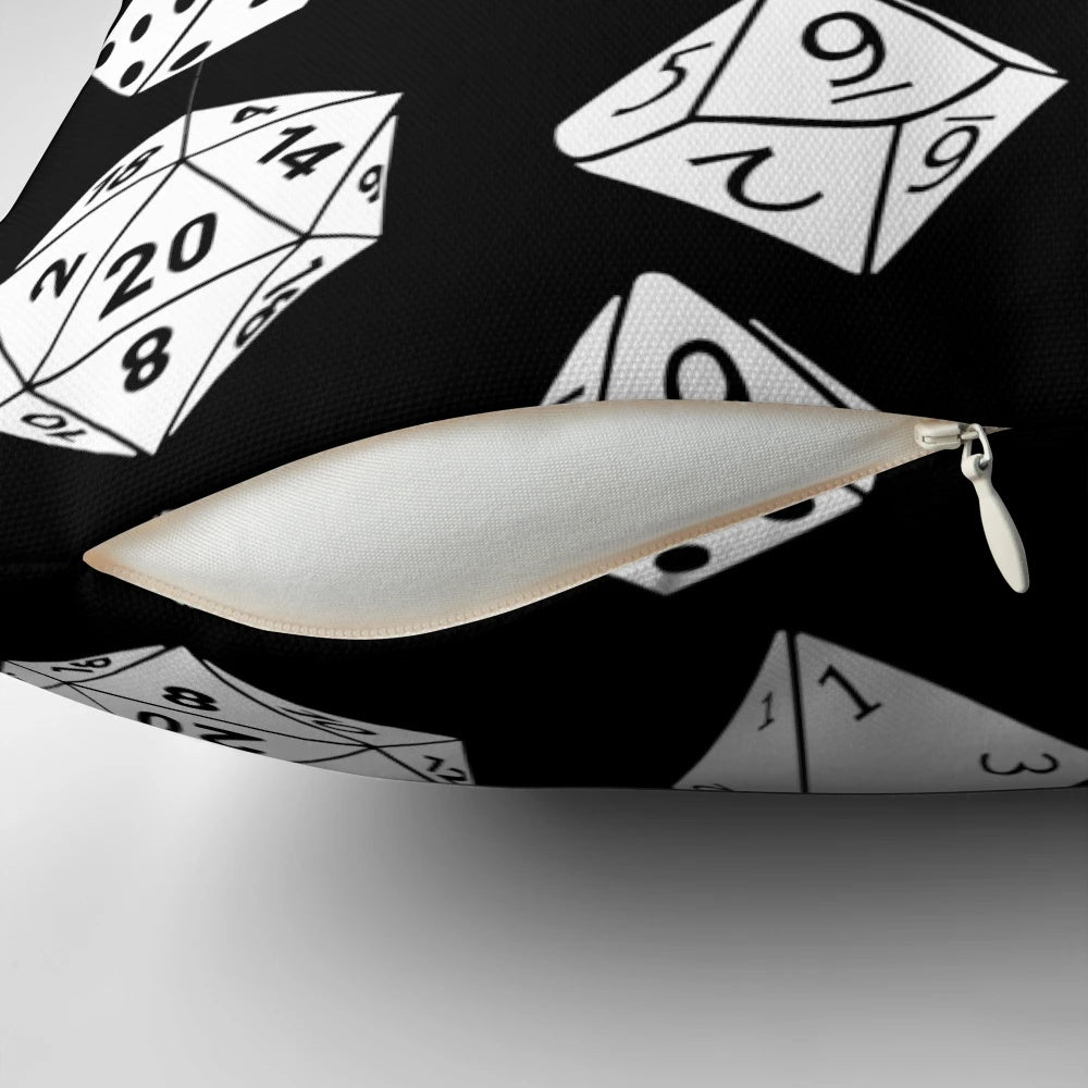 Decorative white square pillow with a dice pattern design, perfect for tabletop gaming enthusiasts.