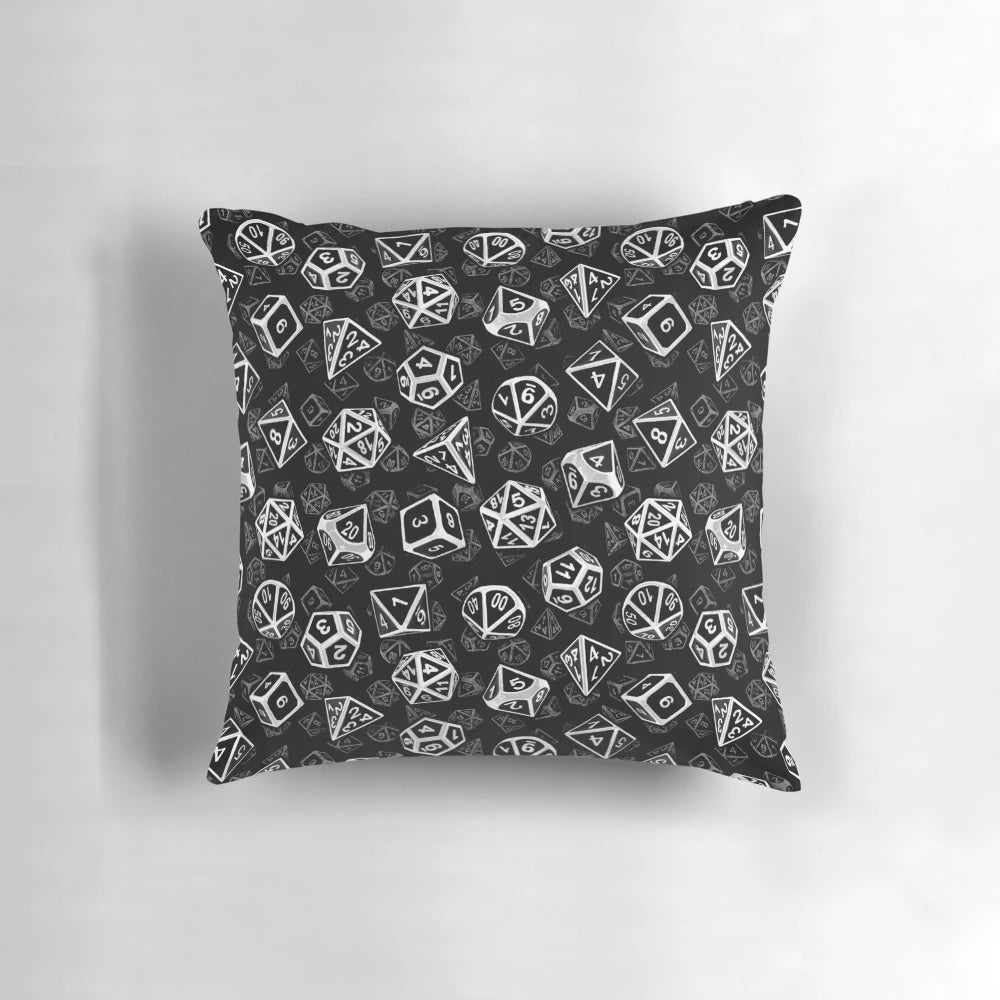 D20 dice set pattern white pillow for Dungeons and Dragons, Pathfinder, and other tabletop RPG fans