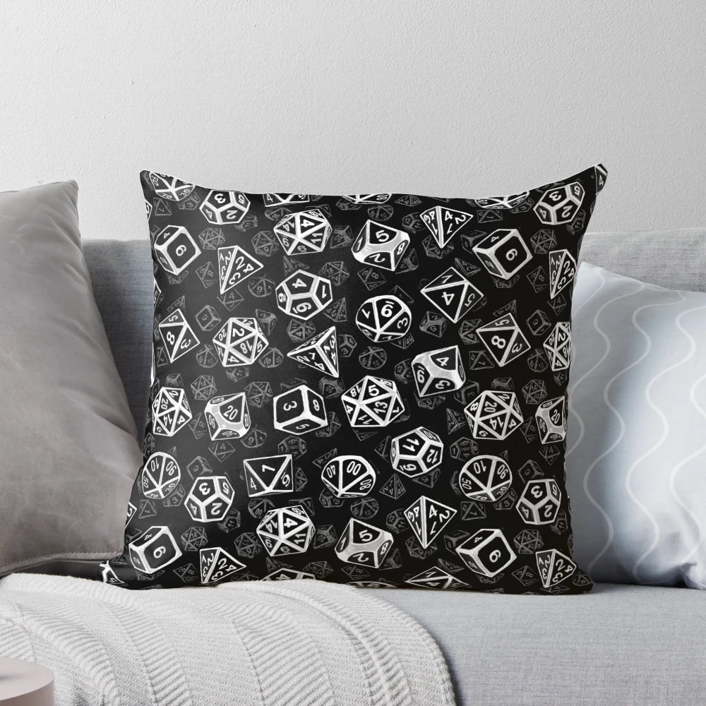 D20 dice set pattern white pillow for Dungeons and Dragons, Pathfinder, and other tabletop RPG fans