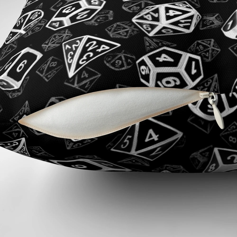 D20 dice set pattern white pillow for Dungeons and Dragons, Pathfinder, and other tabletop RPG fans