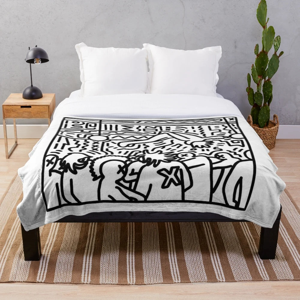 Die Lit inspired black and white plush blanket with cartoon sketch design