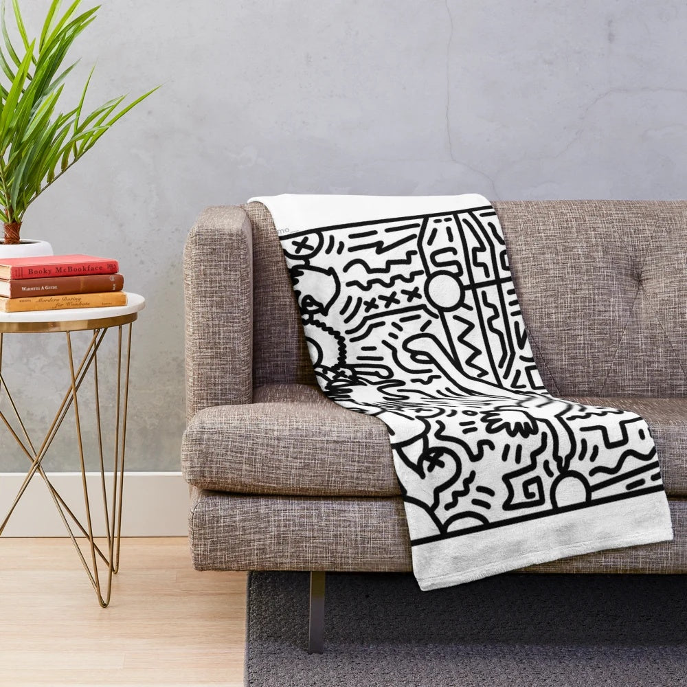 Die Lit inspired black and white plush blanket with cartoon sketch design