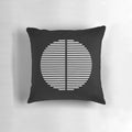 A black and white geometric throw pillow inspired by the iconic design philosophy of Dieter Rams and the Bauhaus movement.