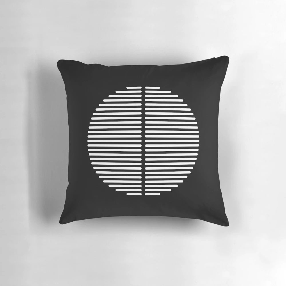 A black and white geometric throw pillow inspired by the iconic design philosophy of Dieter Rams and the Bauhaus movement.