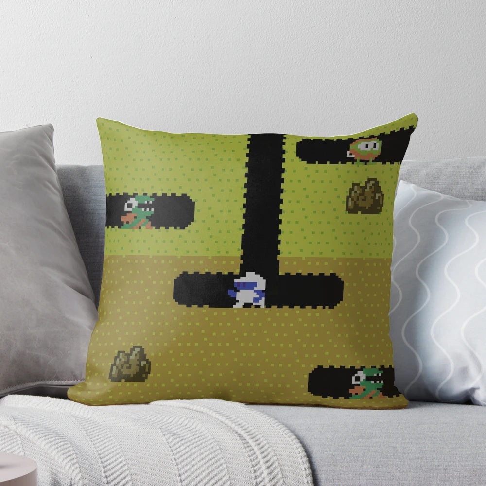 Vibrant Dig Dug-inspired pillow with iconic pixel art design, perfect for retro gaming enthusiasts
