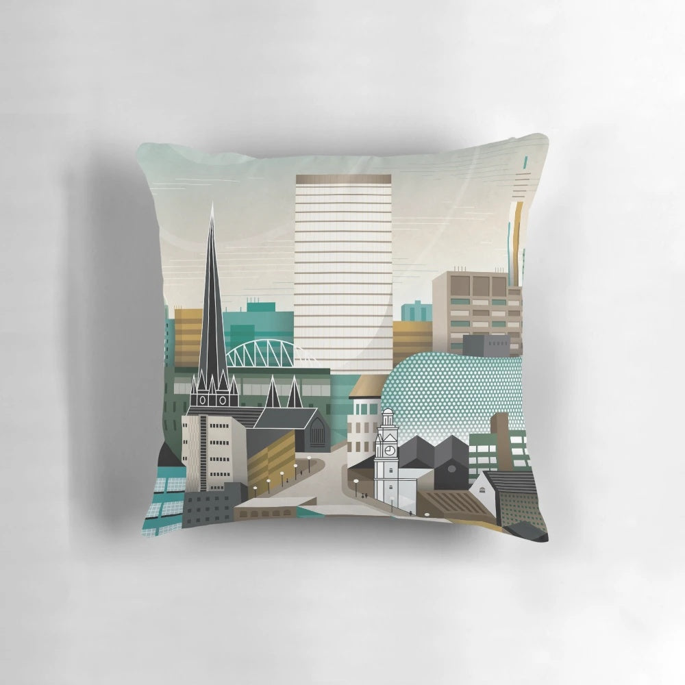 Digbeth Tangent Pillow featuring Birmingham's cityscape, including the BT Tower, Selfridges, and Rotunda