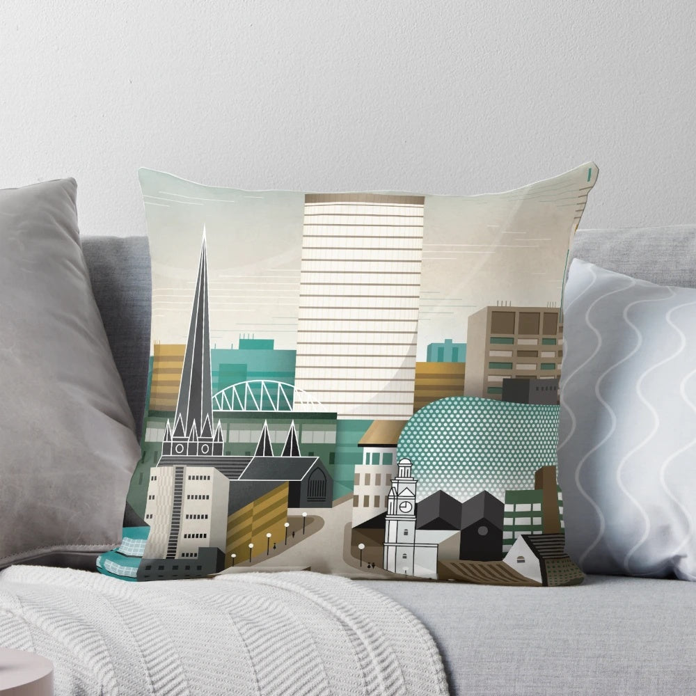 Digbeth Tangent Pillow featuring Birmingham's cityscape, including the BT Tower, Selfridges, and Rotunda
