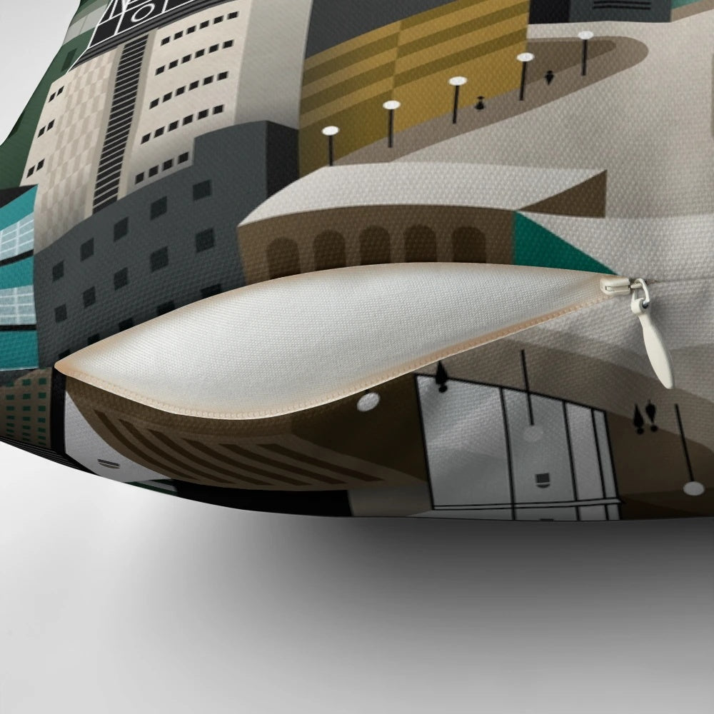 Digbeth Tangent Pillow featuring Birmingham's cityscape, including the BT Tower, Selfridges, and Rotunda
