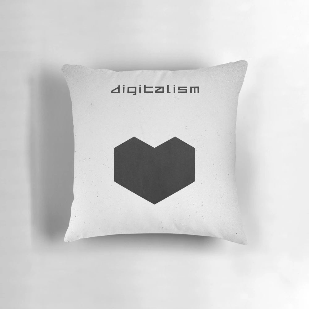 Digitalism-inspired heart-shaped pillow in black and white graphic design