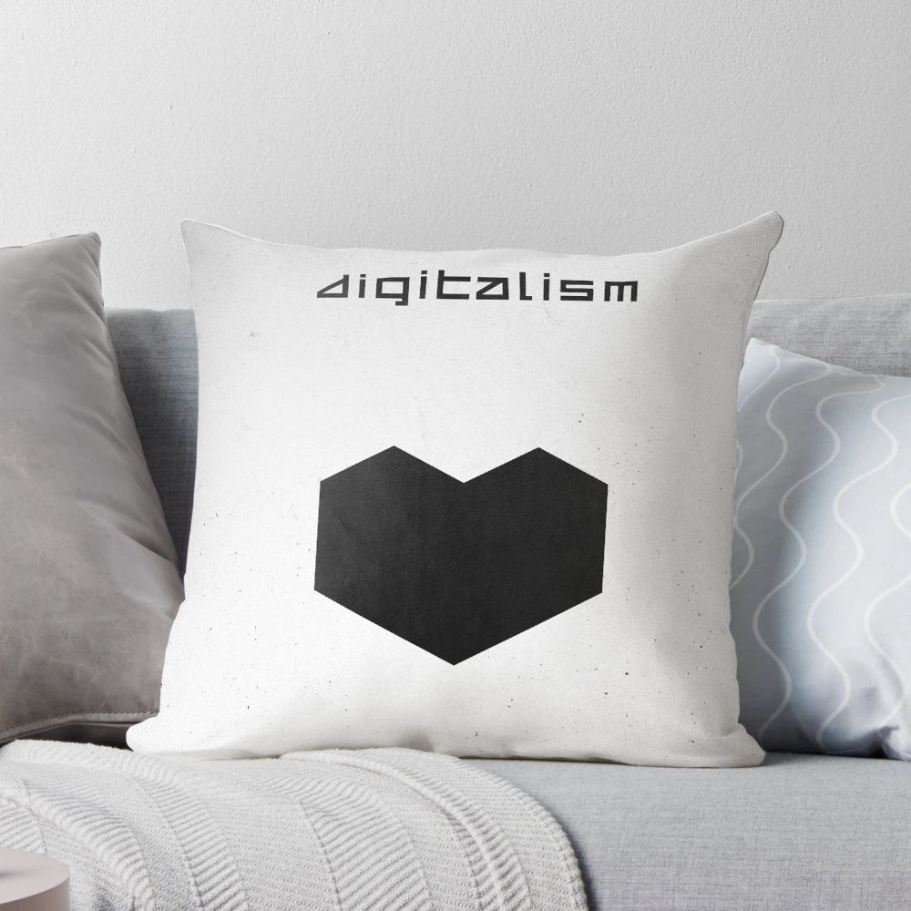Digitalism-inspired heart-shaped pillow in black and white graphic design