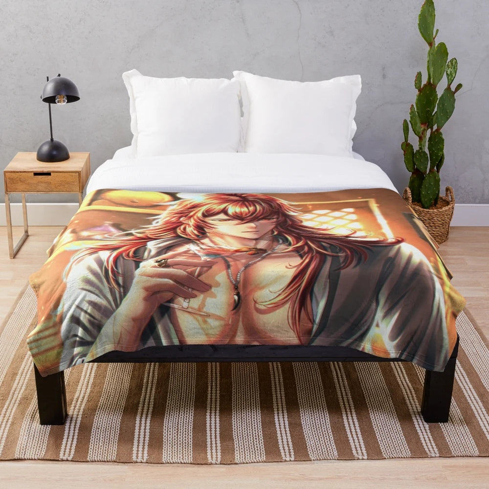 Cozy Diluc-inspired plush blanket featuring the popular Genshin Impact character