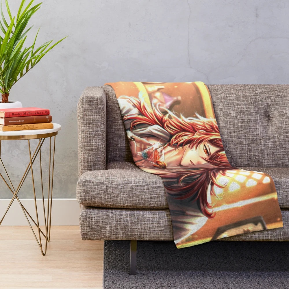 Cozy Diluc-inspired plush blanket featuring the popular Genshin Impact character