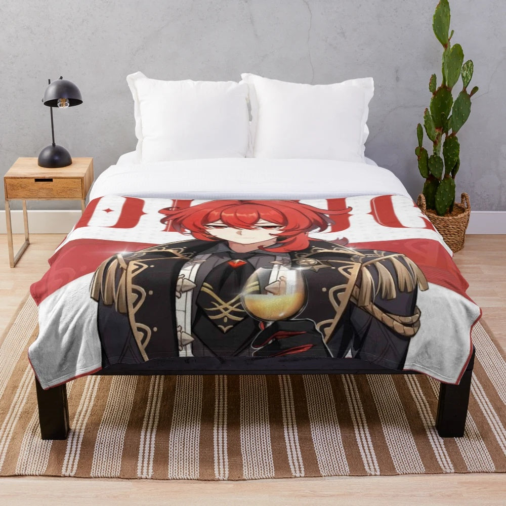 Diluc Ragnvindr-inspired plush blanket featuring the Pyro hero character from the game Genshin Impact