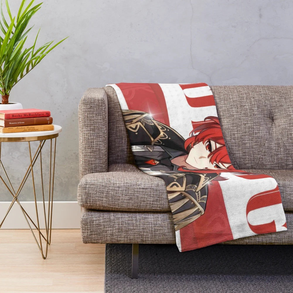 Diluc Ragnvindr-inspired plush blanket featuring the Pyro hero character from the game Genshin Impact