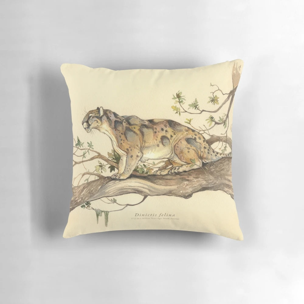 Pillow featuring a classical gouache painting of the sabretooth cat Dinictis felina, a natural history and paleo art design.