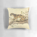 Pillow featuring a classical gouache painting of the sabretooth cat Dinictis felina, a natural history and paleo art design.