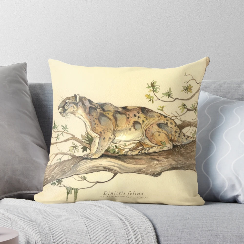 Pillow featuring a classical gouache painting of the sabretooth cat Dinictis felina, a natural history and paleo art design.