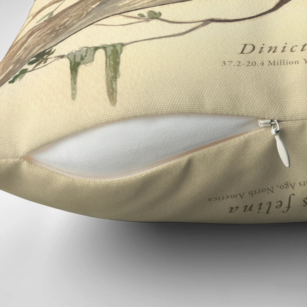 Pillow featuring a classical gouache painting of the sabretooth cat Dinictis felina, a natural history and paleo art design.