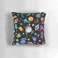 Whimsical watercolor image of a dinosaur astronaut floating in a starry galaxy with planets and rockets