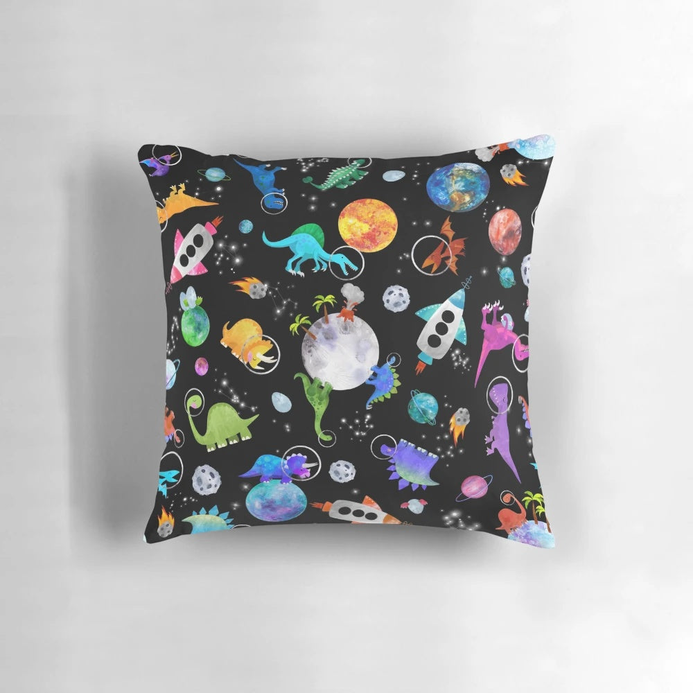 Whimsical watercolor image of a dinosaur astronaut floating in a starry galaxy with planets and rockets