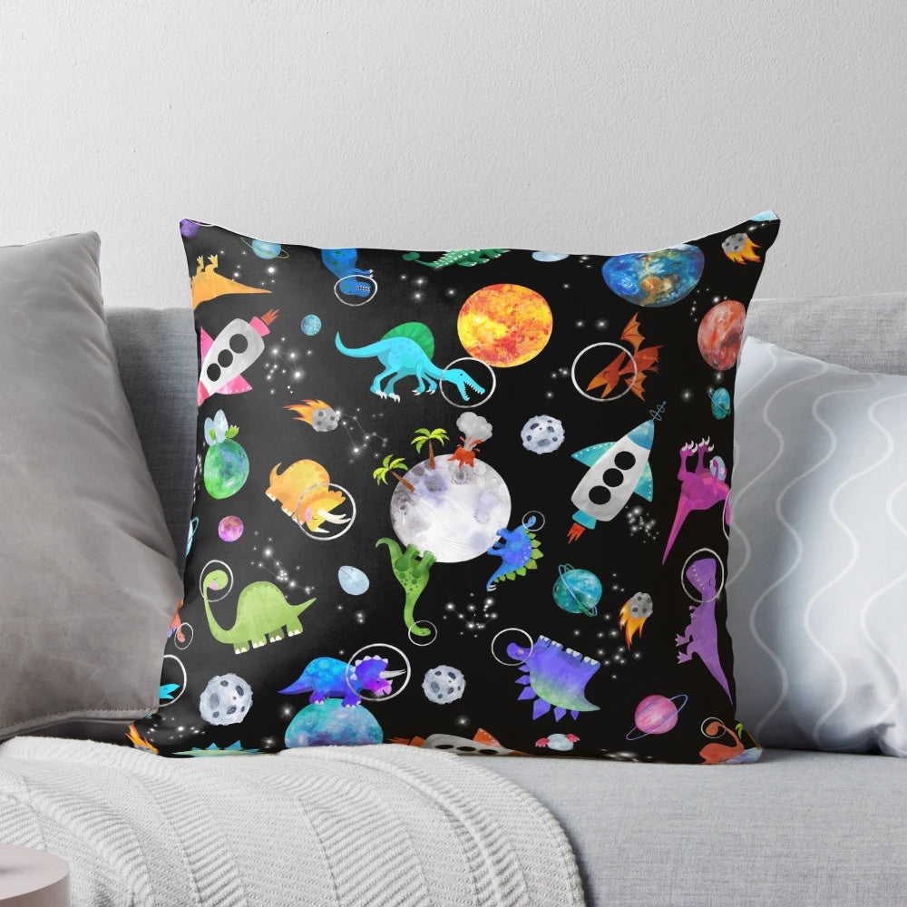 Whimsical watercolor image of a dinosaur astronaut floating in a starry galaxy with planets and rockets