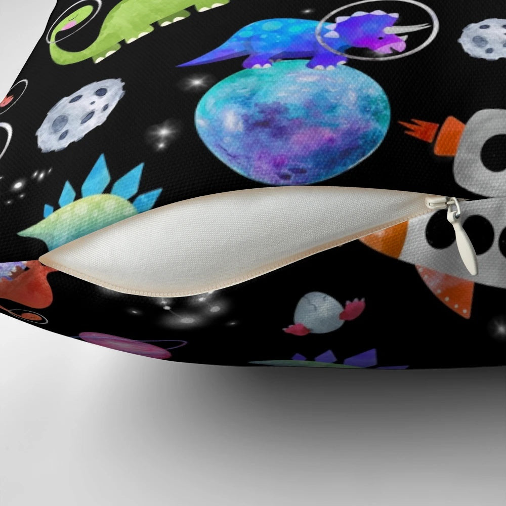 Whimsical watercolor image of a dinosaur astronaut floating in a starry galaxy with planets and rockets