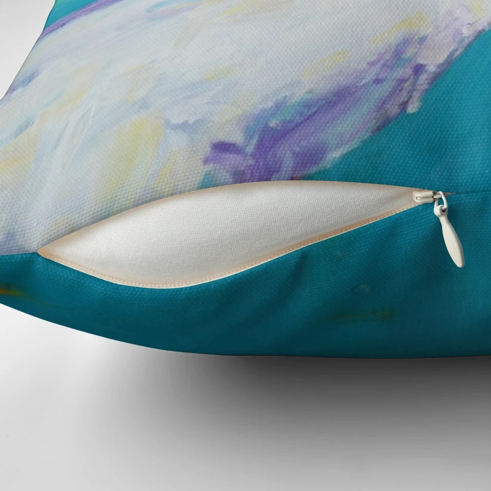 Colorful and expressive painting of a dinosaur's hips and an Australian ibis on a soft pillow.
