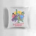 Vibrant dinosaur print period pillow in retro 80s style