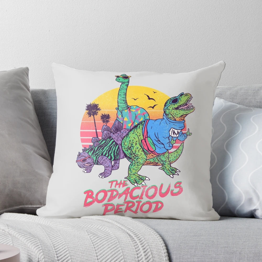 Vibrant dinosaur print period pillow in retro 80s style
