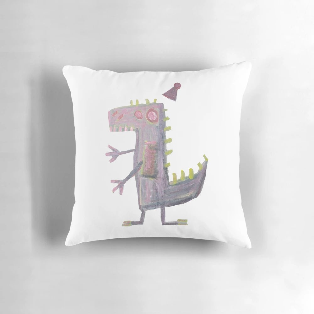 Vibrant abstract art dinosaur character with party hat on decorative throw pillow