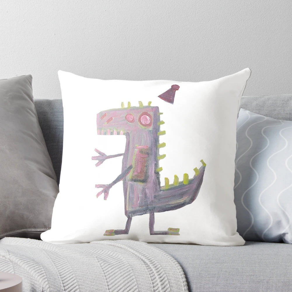 Vibrant abstract art dinosaur character with party hat on decorative throw pillow