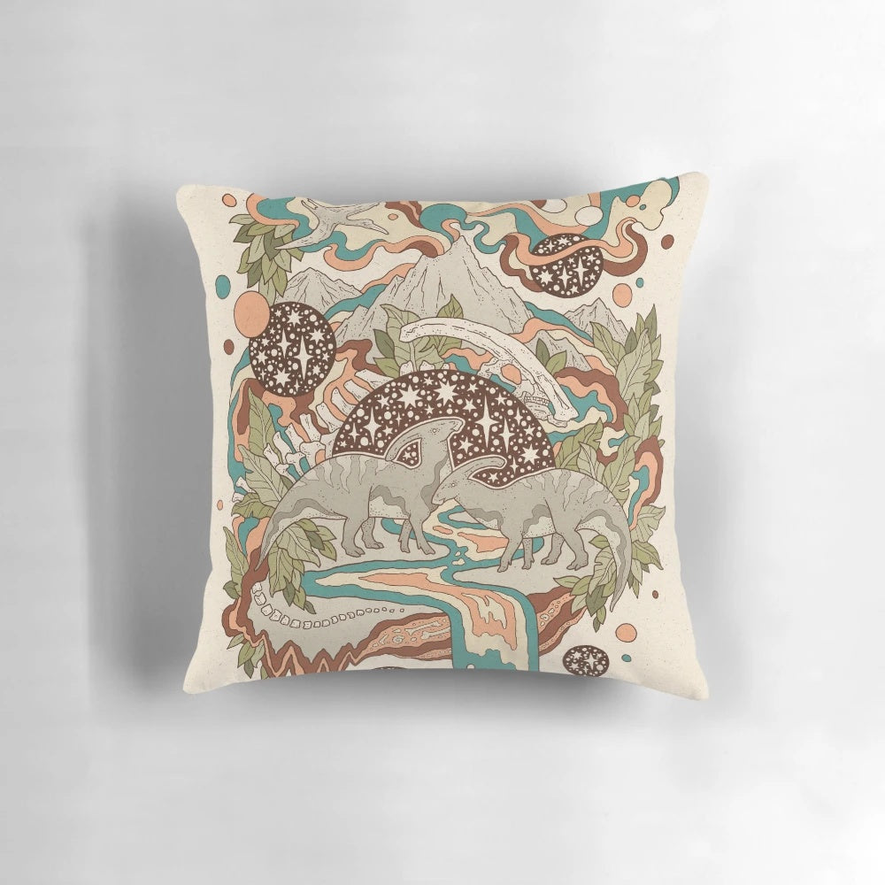 A vibrant and retro-inspired pillow featuring a Parasaurolophus dinosaur in a psychedelic, rainbow-hued sci-fi landscape.